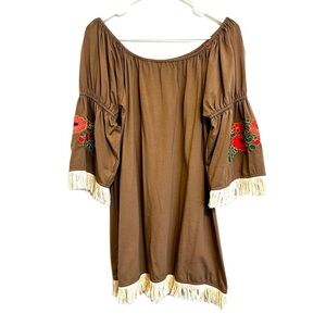 2/$30 Umgee - Brown Fringe Off Shoulder Mini Dress S